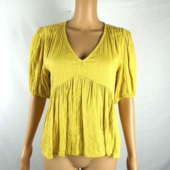 Lucky Brand Dark Yellow V Neck Short Sleeve Babydoll Blouse Shadow Stripe Small - Picture 1 of 10